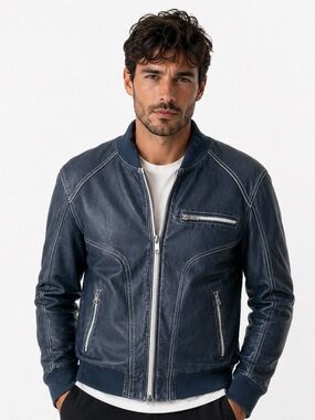 Black Rivet Men's Blue Faux Leather Bomber Jacket - Classic Zip Front, Size M